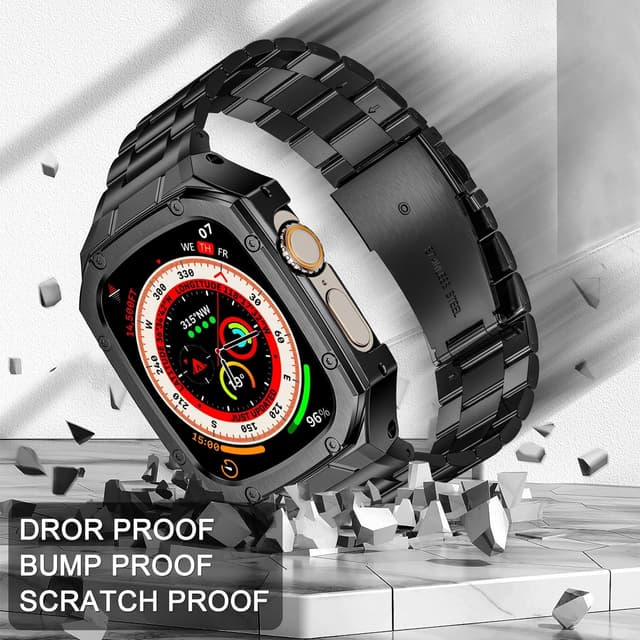 Detalle de BAITEYOU Stainless Steel Watch Band with Case for Apple Watch Ultra (49mm) — Black rugged metal bumper strap