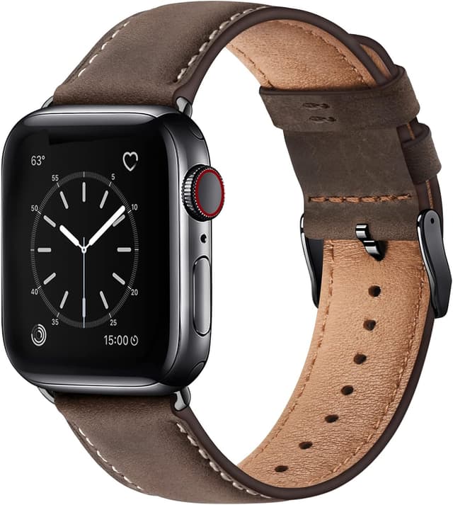 Detalle de Bracelet Apple Watch en cuir véritable WFEAGL (44/45/46/49 mm et 42 mm) pour Series/SE/Ultra, café ou noir