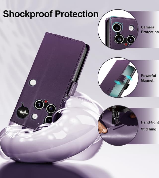 Detalle de Yunubeyii Handyhülle für Nothing Phone (3) – RFID-Blocker, Kartenhülle mit Magnetverschluss, Klapphülle mit Ständer (lila)