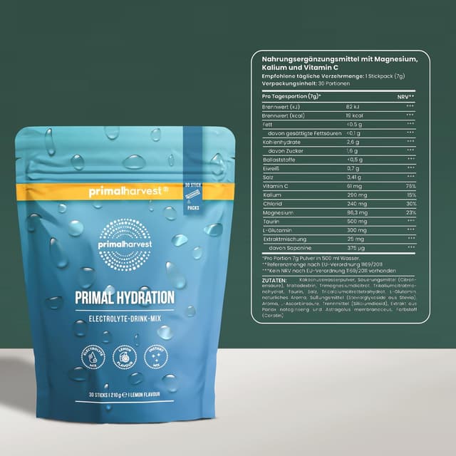 Detalle 2 de Primal Harvest Primal Hydration – elektrolytisches isotonisches Getränk in Einzelportionen (30 Portionen)