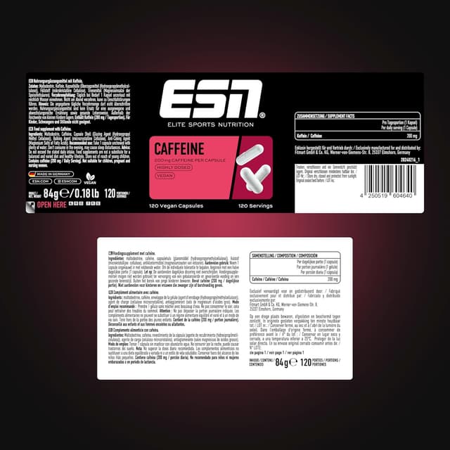 Detalle de ESN Caffeine Caps – 120 Koffein-Kapseln mit 200 mg pro Tagesportion (vegan, Made in Germany)