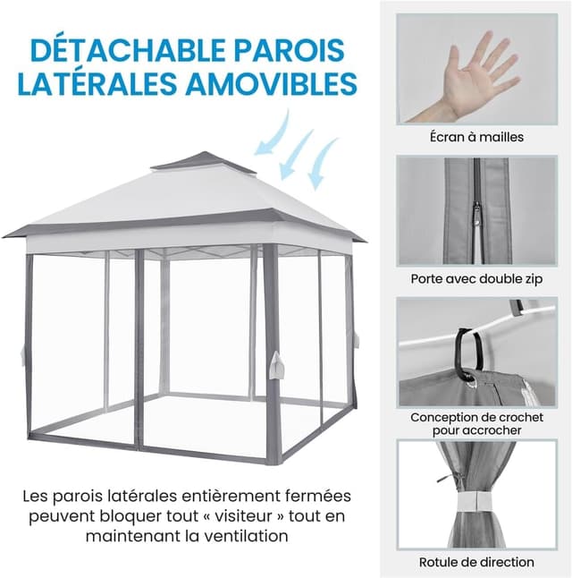 Detalle 2 de Yaheetech Gazebo da giardino in ferro 300x300 cm pieghevole con pareti in rete e doppio tetto, grigio