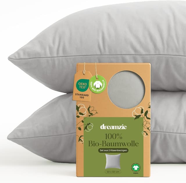 Detalle de Dreamzie Kissenbezug aus 100% Bio-Baumwolle, 50x50 cm im 2er-Set – grau, mit Reißverschluss (OEKO-Tex)