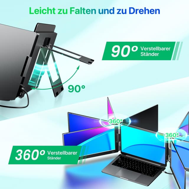 Detalle de KPKUE 15,6" Laptop-Bildschirm-Erweiterung für Triple-Screen-Setups (FHD/IPS) per USB-C oder USB-A