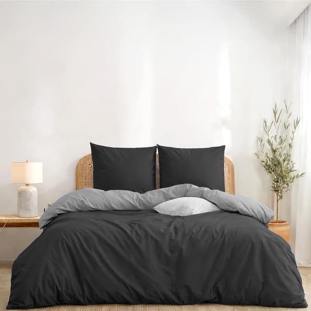 Detalle de Twinzen Housse de couette réversible 220x240 cm en microfibre gris foncé / gris clair + 2 taies 65x65 cm