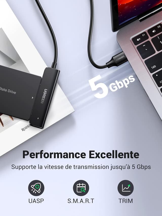 Detalle 2 de UGREEN Câble SATA USB 3.0 Adaptateur SATA vers USB 3.0 pour SSD et disques durs 2,5 pouces (UASP, TRIM, Smart, 0,5 m)