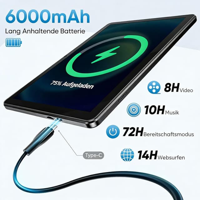 Detalle 2 de 10-Zoll Android-15 Tablet mit Hülle – Octa-Core, 18 GB RAM, 128 GB Speicher (erweiterbar), 5G & Widevine L1