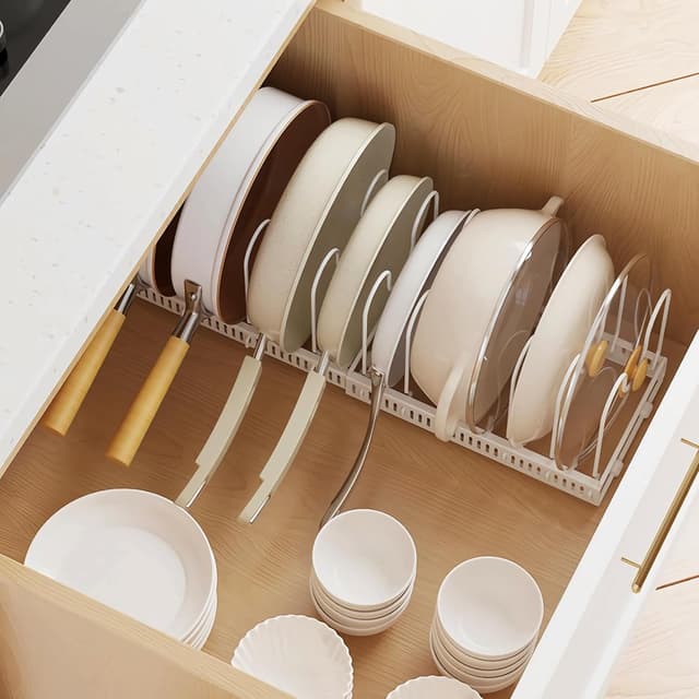 Detalle de MENGCOOL Expandable Pans Organiser Rack with 10 Adjustable Dividers (White)