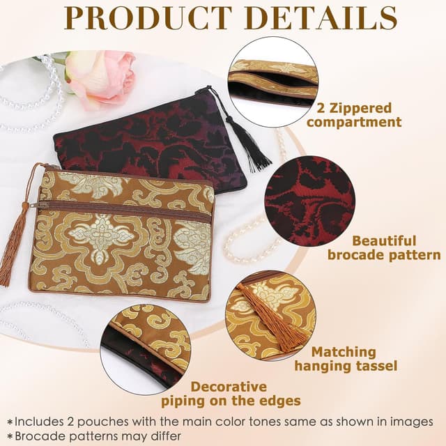 Detalle 2 de kilofly Chinese Silk Brocade jewellery pouch bag set of 2 with two zip compartments