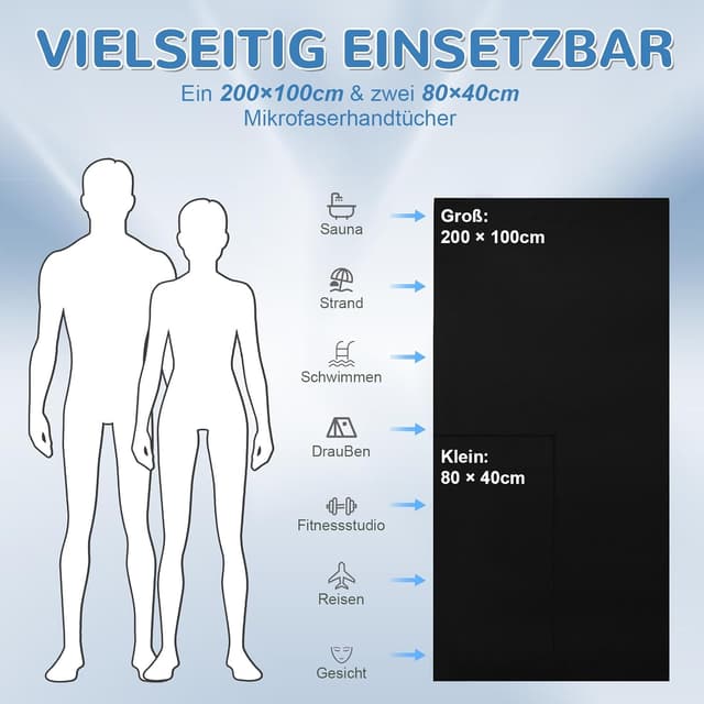 Detalle de Fosdaling Mikrofaser Handtuch 3er-Set (200×100 cm + 2× 80×40 cm) – schnelltrocknendes Sporthandtuch mit Aufbewahrungsbeutel