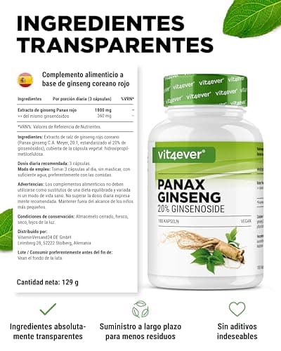 Detalle 1 de Ginseng Rojo Panax 180 Cápsulas 💊 1800 mg Vegano