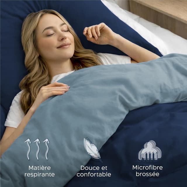 Detalle de Twinzen Parure de lit 140x200 réversible en microfibre (housse de couette + taie 65x65) Bleu Foncé/Bleu Gris