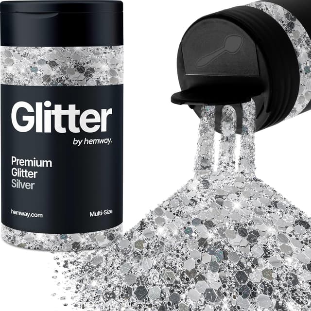 Detalle de Hemway Silver Glitter Shaker (120g) – Multi-size metallic flake glitter for resin, epoxy & crafts