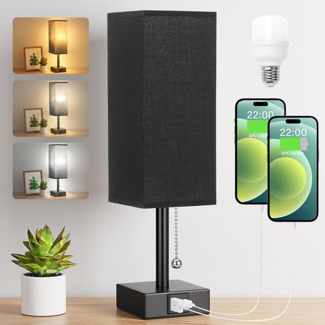 Detalle de Aooshine bedside & table lamp with USB C + USB charging ports, 3 colour modes and pull chain (black fabric shade)