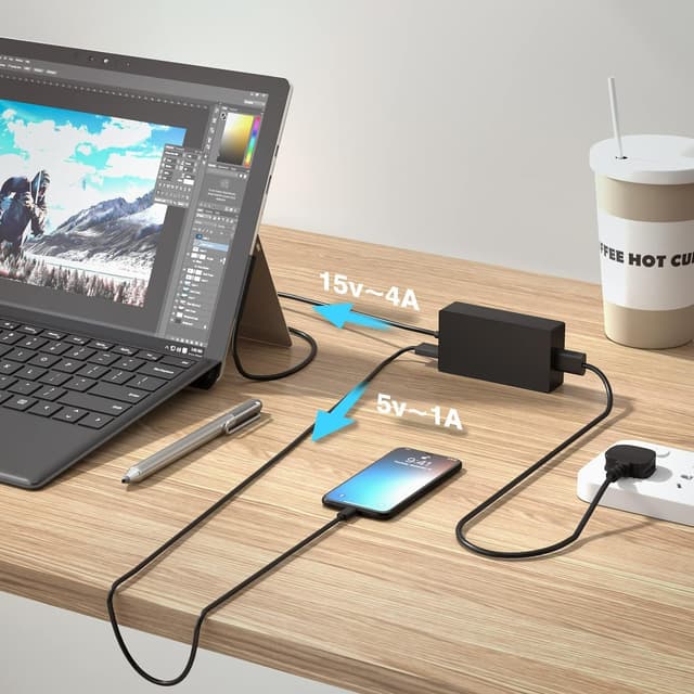 Detalle de SKOTSLYE 65W Laptop Charger for Microsoft Surface (with USB 2.0 5V/1A) – compatible Surface Pro, Surface Laptop, Surface Go, Surface Book