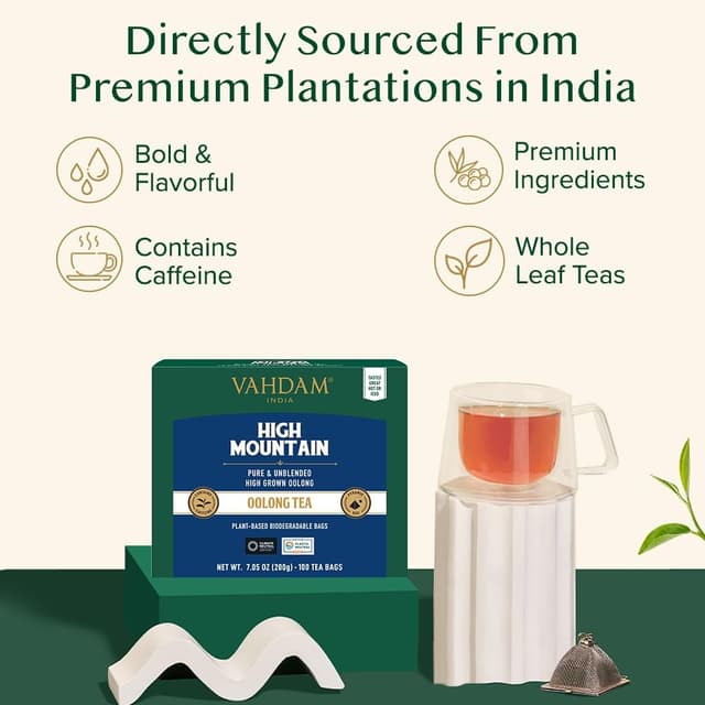 Detalle de VAHDAM Himalaya Oolong Teebeutel (100 Teebeutel) – Oolong aus der Höhe, heiß, eiskalt oder als Kombucha