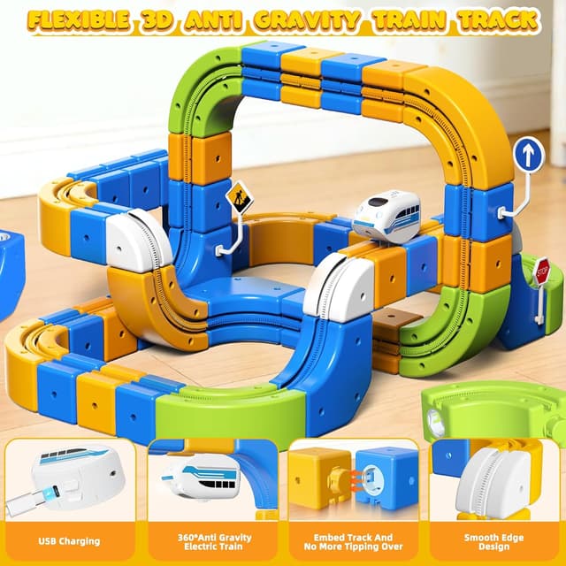 Detalle de Hzitcigm Eisenbahn Elektrisch Cube Track – 225-teiliges Zugset mit 2 Zügen, 80 Schienen und 3D-Strecken für Kinder ab 3–8