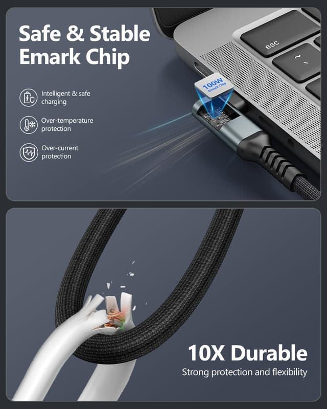 Detalle de SUNGUY USB‑C auf USB‑C Kabel 3 m (100 W, 20 Gbit/s, 4K@60 Hz) mit 90°‑Stecker