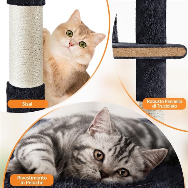 Detalle de Yaheetech albero tiragraffi per gatti da 158 cm con 3 pali graffiatoi, 3 posatoi e 2 grotte