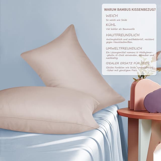Detalle 1 de Fittia 2er-Set Lyocell-Bambus Kissenbezüge Rosebeige (50x75 cm) – seidig weich, kühlend & atmungsaktiv