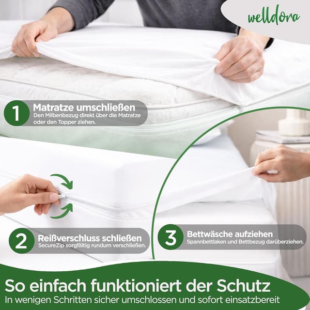 Detalle de Welldora Premium Milbenbezug Matratzen 140x200x20 – Anti-Milben & Bettwanzen Encasing mit Reißverschluss