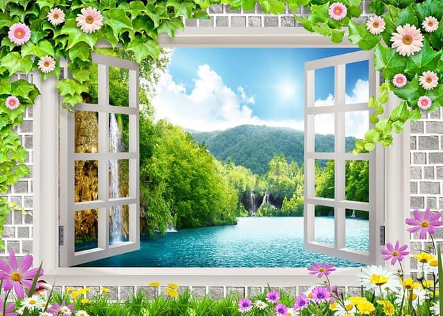 Detalle 2 de CORFOTO 7x5ft Fabric Window View Mountains Photography Backdrop for Kids, Parties & Home Decor