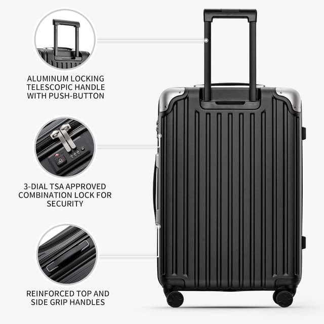 Detalle de LEVEL8 Large Suitcase 28 Inch 4-Wheel Spinner Trolley with TSA (104L) – Hand Luggage Travel Case, Black