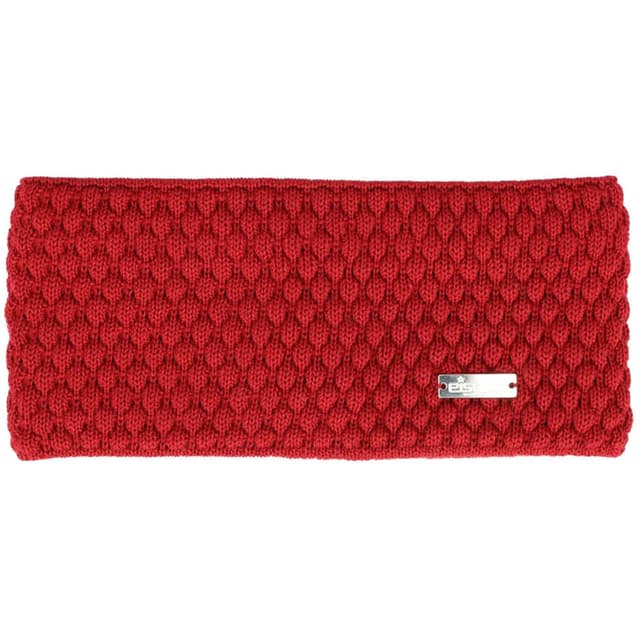 Detalle de Eisglut Stirnband Minal Merino in Oliv: warm, weich und mit dezentem Emblem