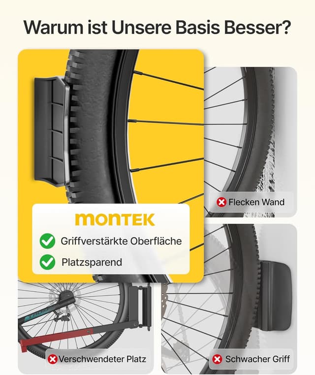 Detalle de monTEK schwenkbare Fahrrad-Wandhalterung (Rennrad bis 90 mm Reifenbreite), Wandhalterung bis 35 kg – 4er Set