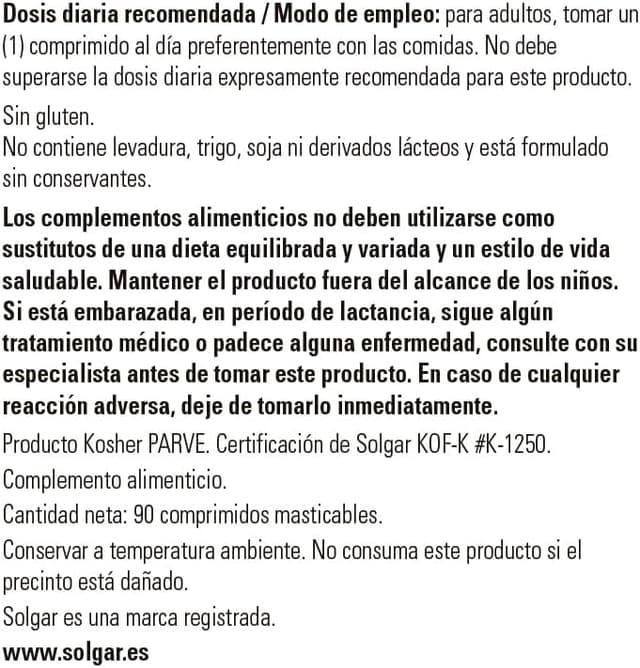 Detalle 1 de Solgar Vitamina C Masticable 500 mg, Sabor Frambuesa 🍇