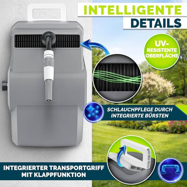 Thumbnail 6 de tillvex Schlauchtrommel mit Wandhalterung, 180° schwenkbar, Handbrause & 30 m Schlauch (Grau)