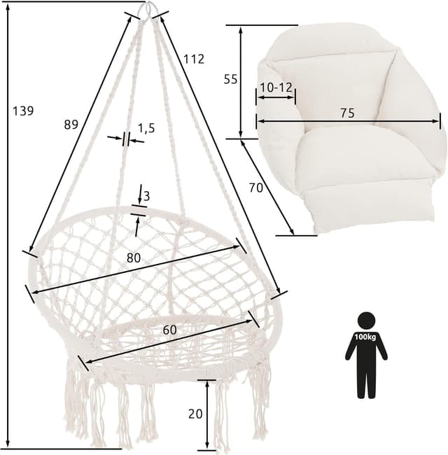 Thumbnail 6 de tectake Columpio Jardín Exterior silla colgante negro