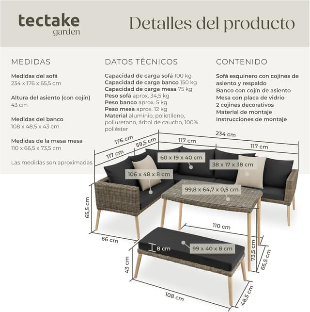 Thumbnail 5 de TecTake Conjunto jardín ratán 8 cm cojines