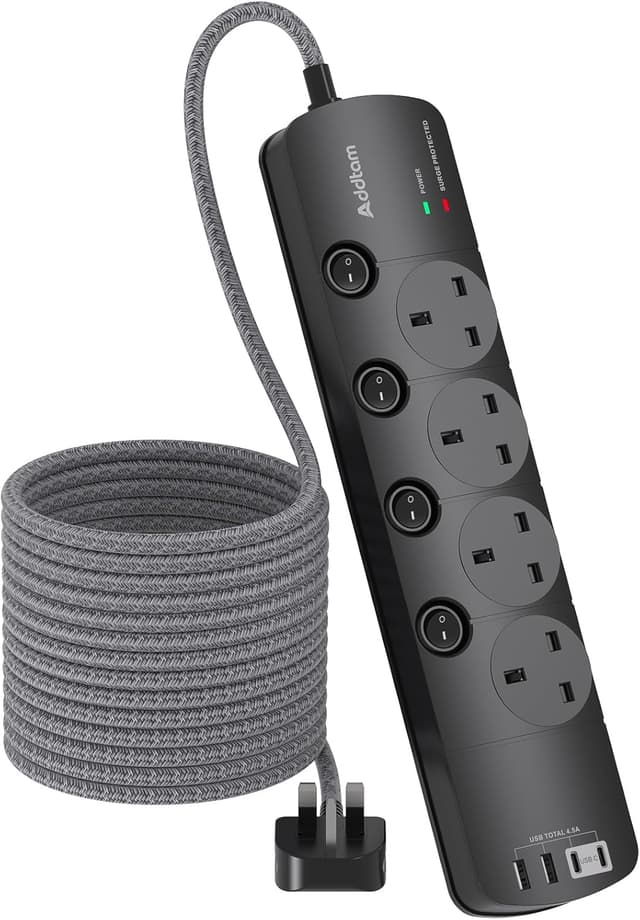 Detalle de Addtam Extension Lead 1.8m with 4 Outlets and 4 USB Ports (2x Type-C, 2x USB-A) and 1050J Surge Protection, Black