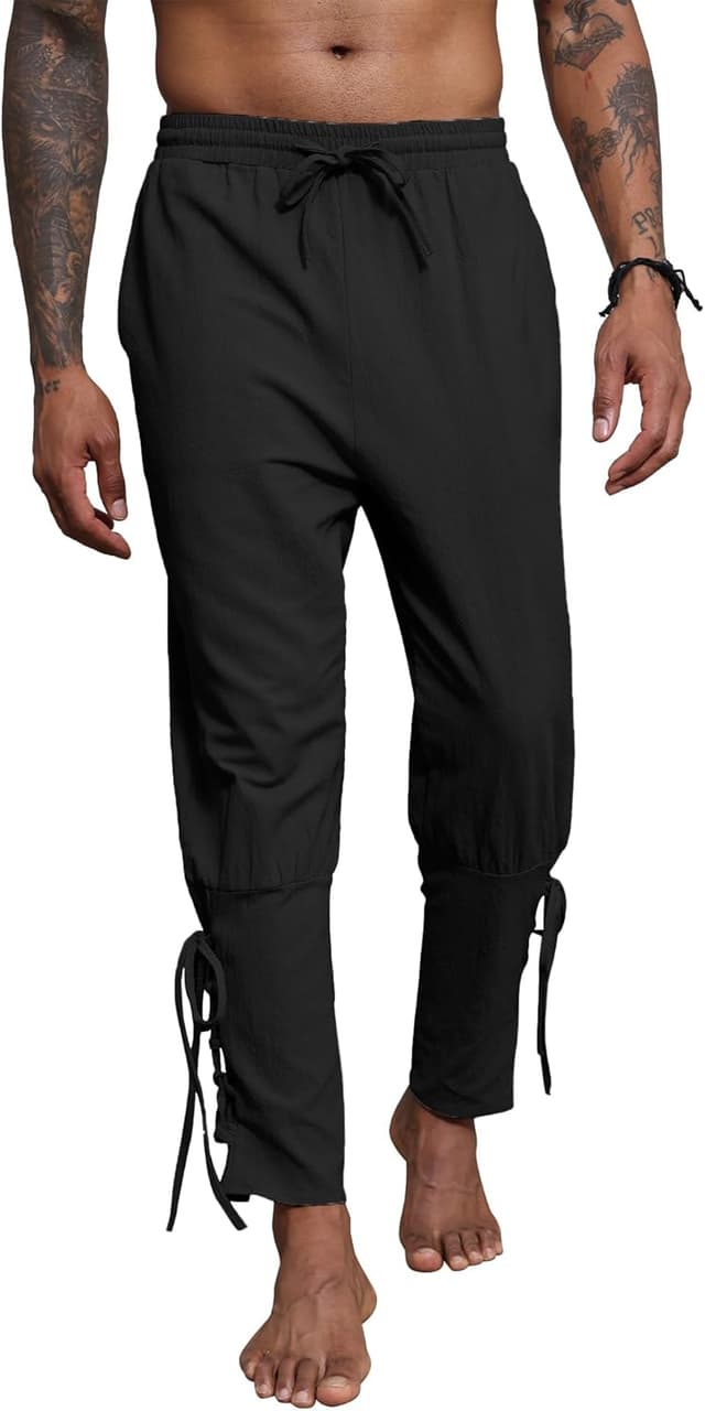 Thumbnail 6 de YAOBAOLE Leinenhose Herren – Mittelalter/Wikinger-Renaissance Piratenhose mit elastischem Bund und Taschen
