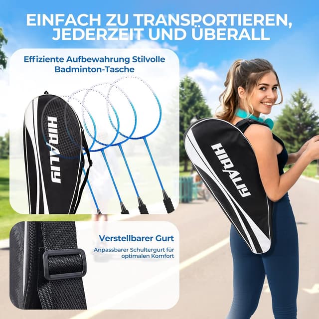 Detalle de HIRALIY Badminton-Schläger-Set (4er, für Kinder & Erwachsene) inkl. 12 Nylon-Volanten, Ersatz-Griffbändern und Tasche