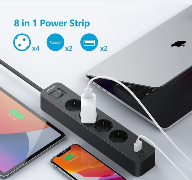 Detalle 2 de JSVER ciabatta elettrica con 4 porte USB (2 USB-A + 2 USB-C), 4 m e adattatore: 3680 W/16 A, nero