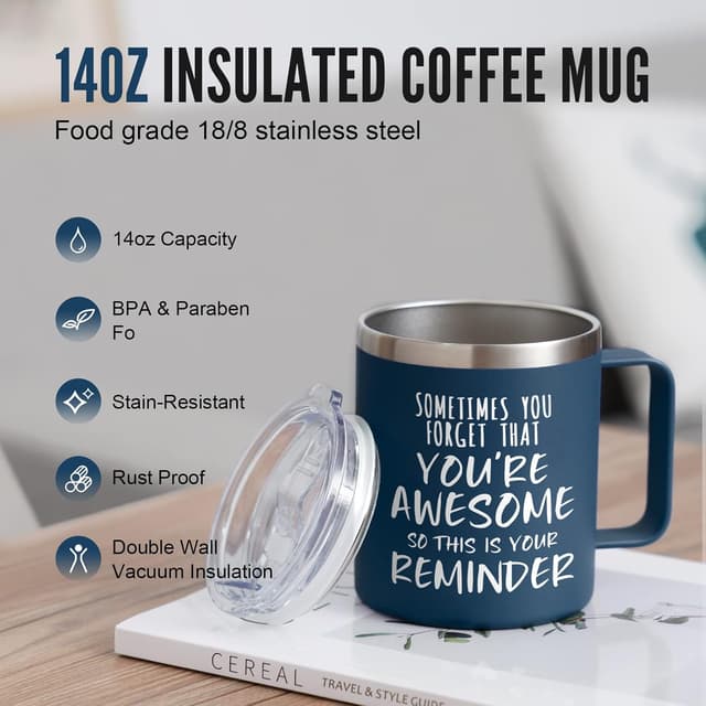 Detalle de NOWWISH Insulated Stainless Steel Coffee Mug (14oz) in Navy Blue — Inspirational Message for Men