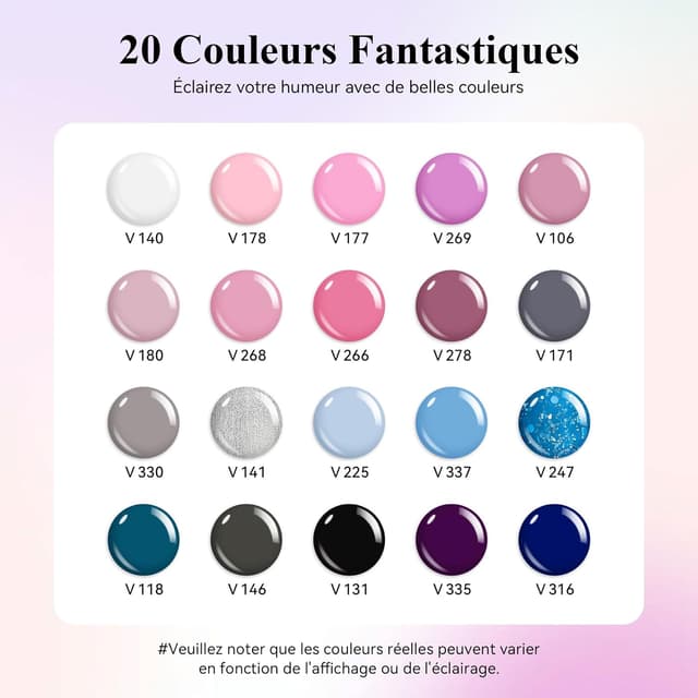 Detalle 2 de Kit vernis semi permanent VANREESA 20 couleurs avec lampe UV 36 W, base, top & paillettes (25 pièces)