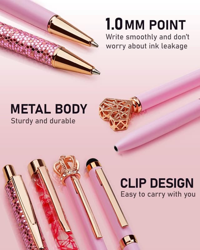 Detalle de WEMATE 8-piece Pink Ballpoint Pens set with bling look (pink, black & blue ink)