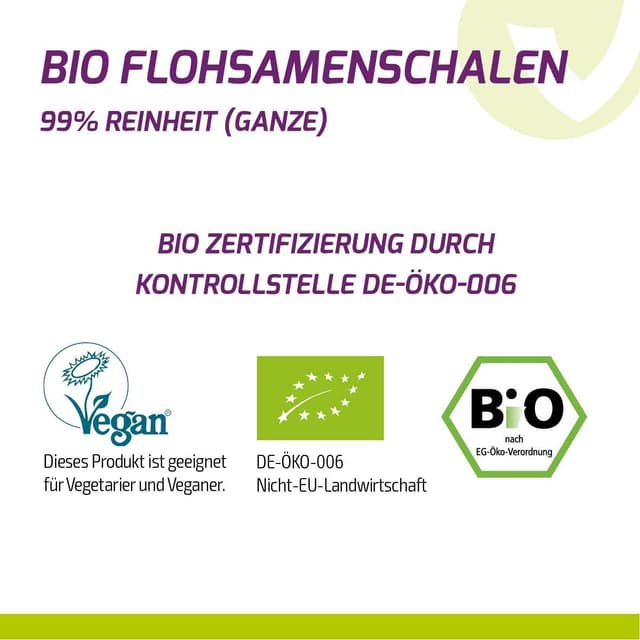 Detalle de Vita2You Bio Flohsamenschalen 99% Reinheit (500 g) – indische Psyllium-Schalen im Zippbeutel