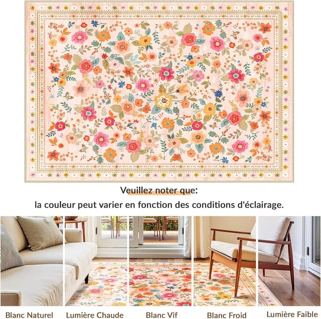 Detalle 2 de INOVADAY Tapis lavable 120x180 cm Style bohème à poils courts, antidérapant imprimé floral (rose/beige)