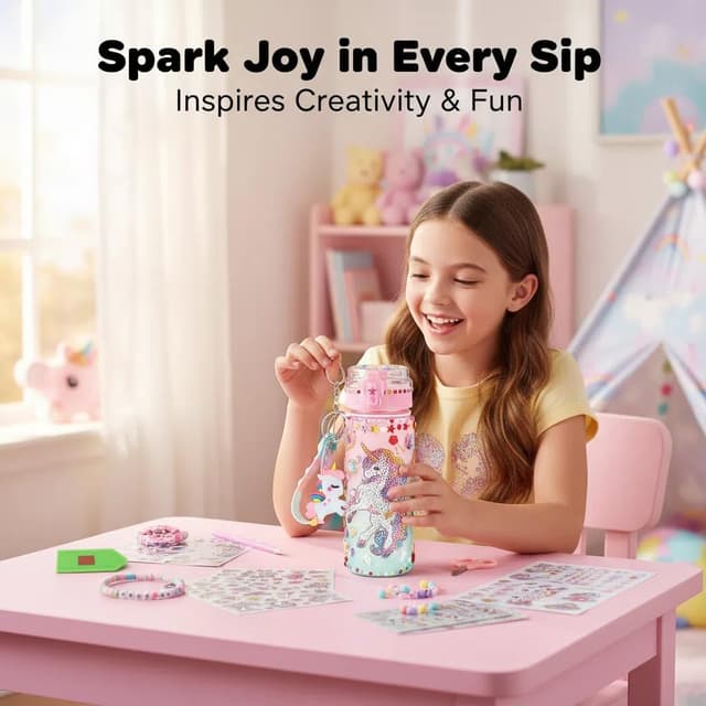 Detalle de Sanilinwild Girls 600ml DIY Water Bottle Kit (Pink Unicorn) – Decorate Your Own Bottle with Friendship Bracelet Craft