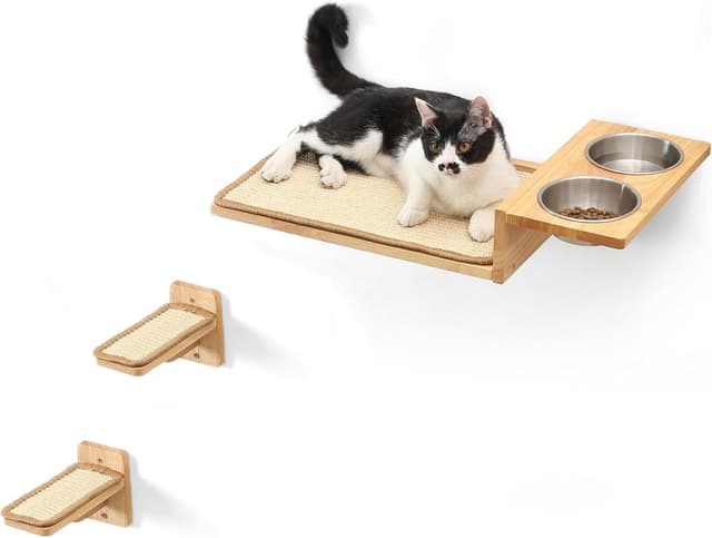 Detalle de Fukumaru 3-in-1 Cat Furniture Set with 2 Steps – Wall Perch, Steps & Wall-Mounted Bowl