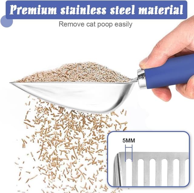 Detalle de Edelstahl-Katzenstreu-Schaufel (Edelstahl, Gitter) in Dunkelblau – kompakte Metall-Schaufel fürs Katzenklo