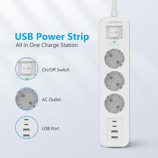 Detalle 2 de JSVER Multiprise USB C 7 en 1 avec parafoudre et surtension, rallonge 4 m et 4 ports USB