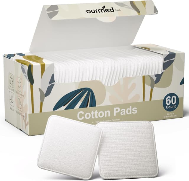 Detalle de Ourmed Life Large Cotton Pads for Makeup Removal (3x3 Inch, 60 Count) — soft, lint-free facial cleansing pads
