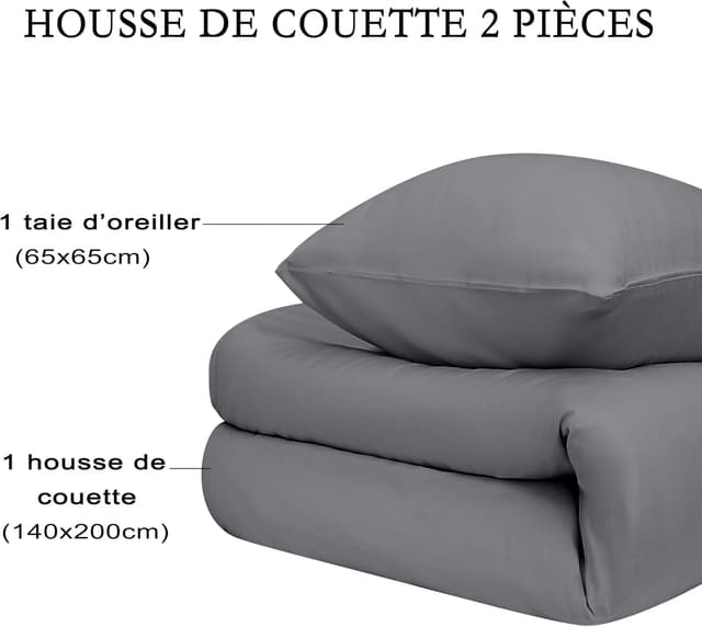 Thumbnail 6 de Parure de lit AYSW 16 couleurs : housse de couette 140x200 cm + taie 65x65 cm en microfibre grise