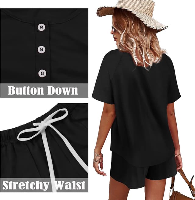 Detalle 2 de WIHOLL Two-Piece Lounge Set for Women: Button-Down Top and Drawstring Shorts with Pockets