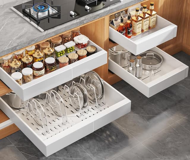 Detalle de Seinloes 4-Pack Expandable Pull-Out Cabinet Organizer (21" Deep) with Dividers & Roll-Out Shelves, Adjustable 12.05"–20.4", White